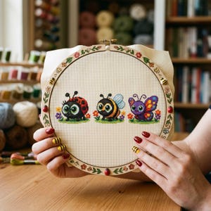 May include: A cross-stitch embroidery hoop featuring a ladybug, bee, and butterfly. The insects are stitched in vibrant colors and sit on a green grassy area with flowers. The wooden hoop is decorated with floral patterns.