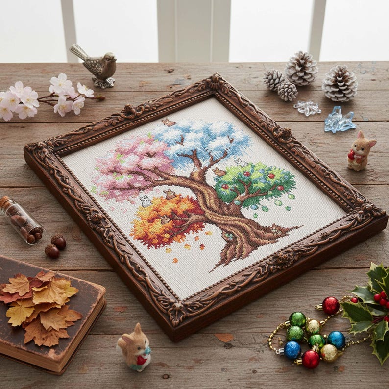 Four Seasons Tree Cross Stitch Pattern: Fantasy Rabbits Embroidery ...
