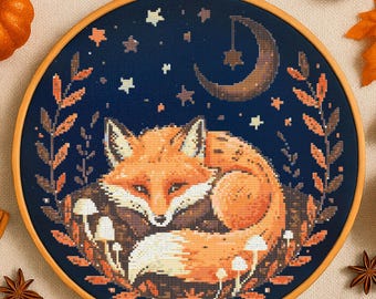 Celestial Fox Cross Stitch Pattern Cute Fox With Flowers embroidery PDF Woodland Fox scene night sky Cross Stitch Pattern For Beginner