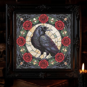 Gothic Raven Roses Cross Stitch Pattern Cozy Fantasy Raven Embroidery Pattern Victorian Stained Glass Flower Bird Halloween Cross Stitch PDF