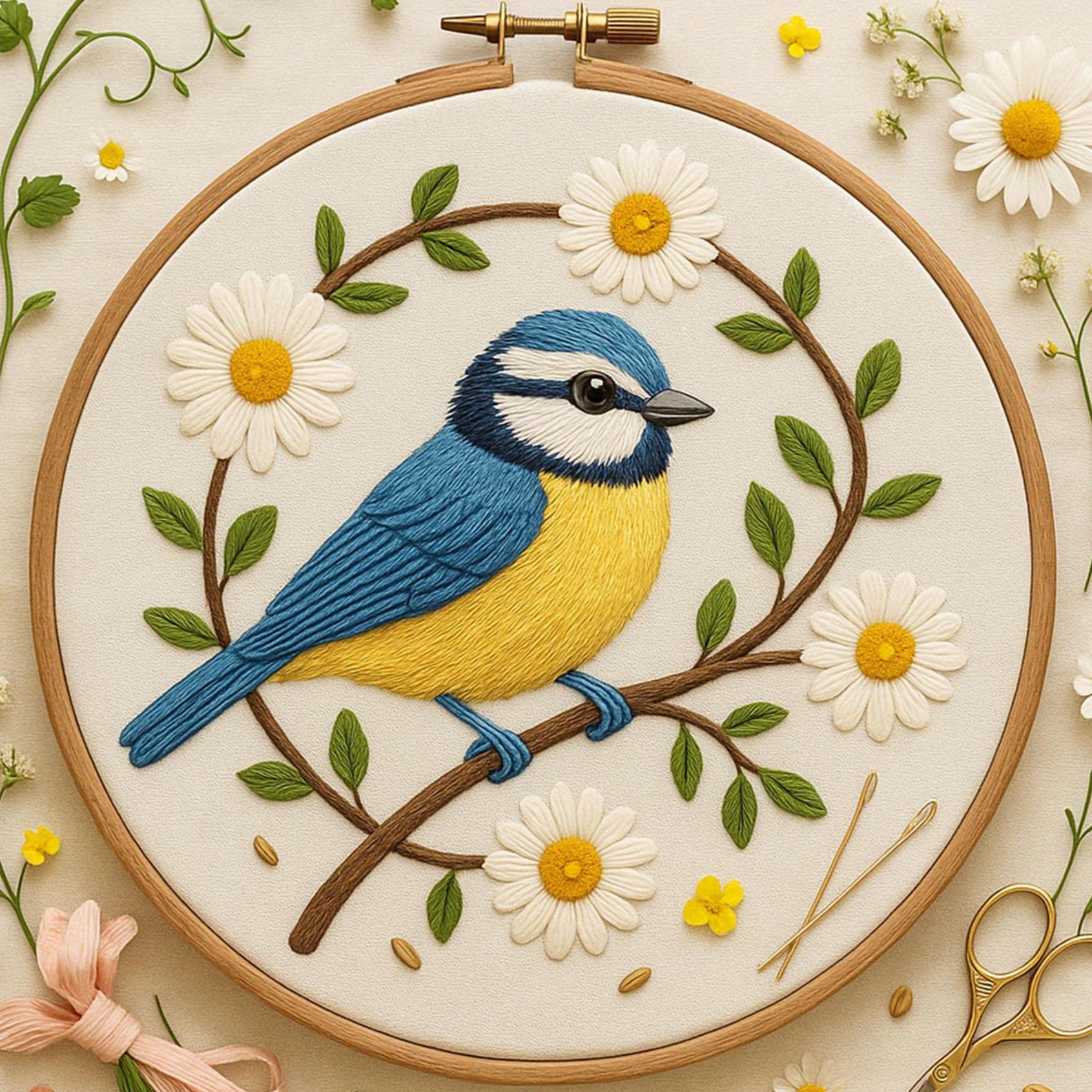 Spring Bird With Flowers Hand Embroidery Pattern Floral Blue Tit Bird With Sunflower Embroidery Bird Woodland Embroidery Template Beginner