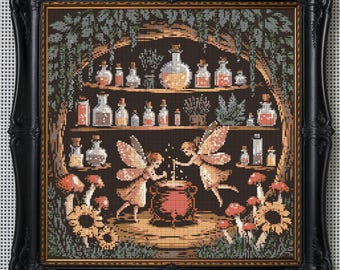Enchanted Fairies Cross Stitch Pattern Cottagecore Apothecary Cauldron Brewing Magical Fantasy Forest Embroidery Witchy Cross Stitch PDF
