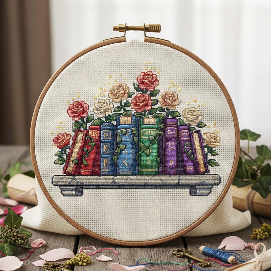 Rose Bookshelf Cross Stitch Pattern Fantasy Floral Embroidery Vintage ...
