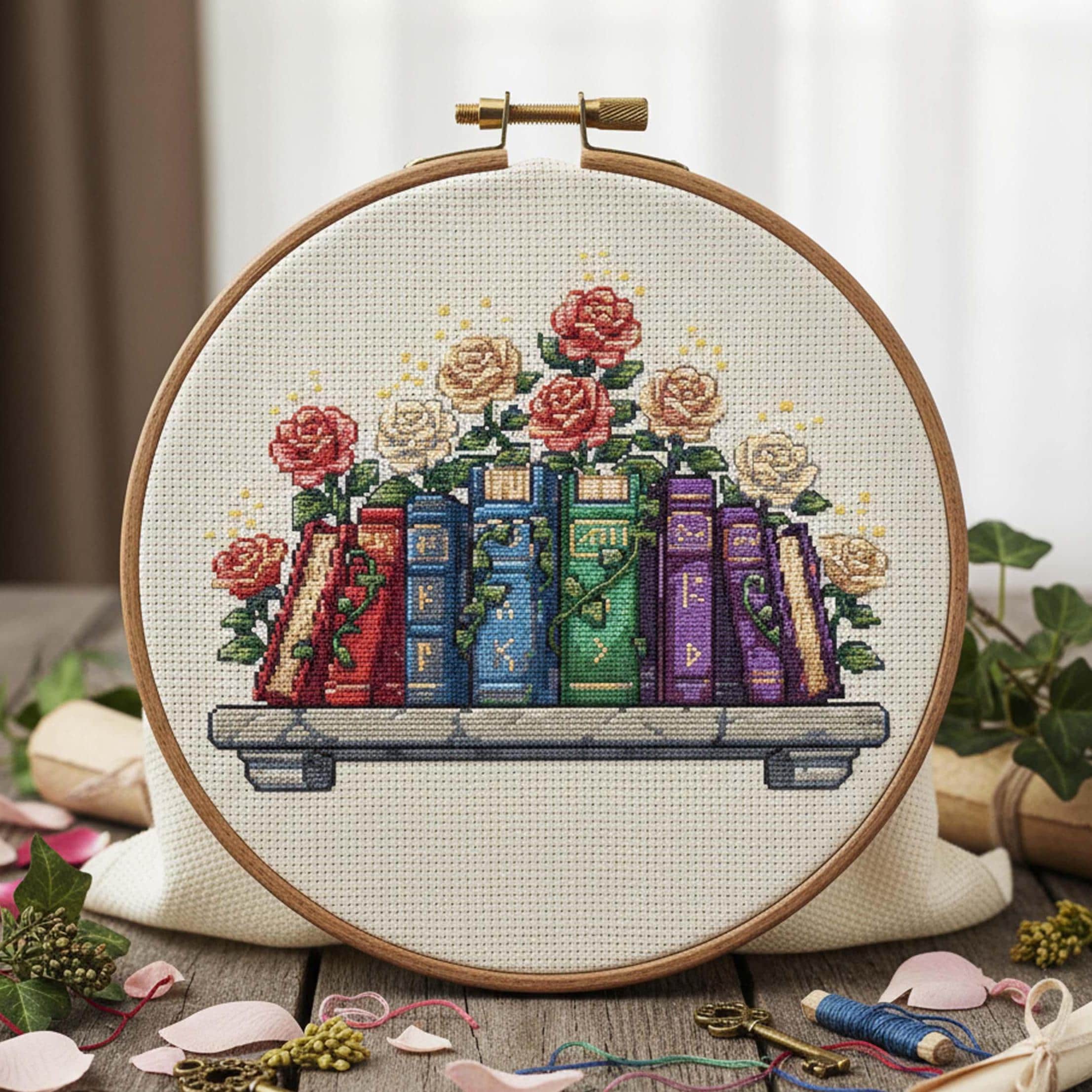 Rose Bookshelf Cross Stitch Pattern Fantasy Floral Embroidery