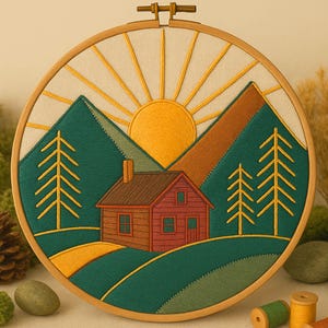 Rustic Cabin in the Mountains Hand Embroidery Pattern Cabin Forest Mountain Embroidery Sunset Cabin Template For Beginner Lovers Nature