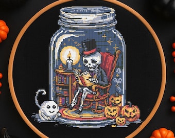 Spooky Jar Reading Skeleton Cross Stitch Pattern Cozy Halloween Jar Ghost Kitty Embroidery Spooky Horror Gothic Skeleton Cross Stitch PDF