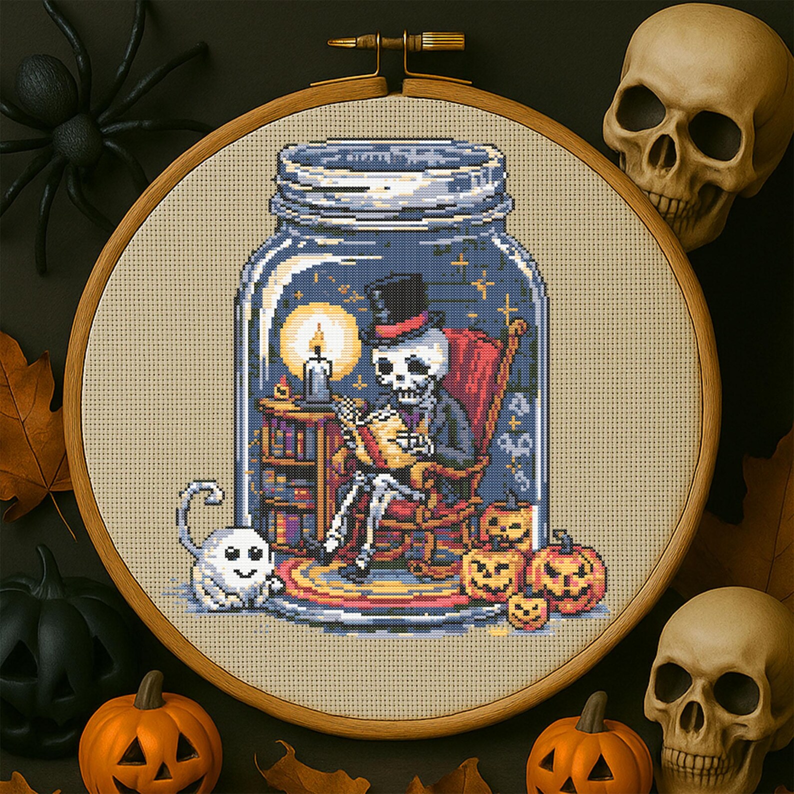 Spooky Jar Reading Skeleton Cross Stitch Pattern Cozy Halloween Jar ...