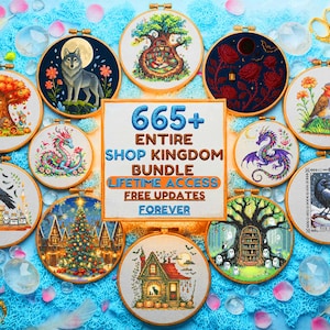 Puede incluir: Una colección de aros bordados con varios diseños, incluyendo un lobo, un dragón, un cuervo y una casa. El aro central muestra el texto "665+ Entire Shop Kingdom Bundle" con "Lifetime Access" y "Free Updates Forever".