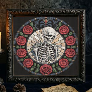 Romantic Skeleton Cross Stitch Pattern Cozy Spooky Skeleton Rose Embroidery Victorian Skull Horror Floral Gothic Skeleton Cross Stitch PDF
