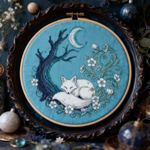 May include: Cross-stitch embroidery in a wooden hoop. The design features a sleeping white fox under a crescent moon and a tree, surrounded by flowers, all on a teal background. The embroidery is set in a decorative, dark-framed tray.