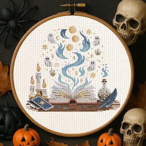 Spellbook Ghosts Cross Stitch Pattern Spooky Witchy Book Embroidery Fantasy Mystical Witchy Bird Fantasy For Halloween Lovers Cross Stitch