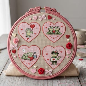 May include: A cross-stitch embroidery hoop featuring four pink heart-shaped designs with green frogs. The frogs are holding hearts, sleeping, and wearing hats. The hoop is pink with decorative embellishments.