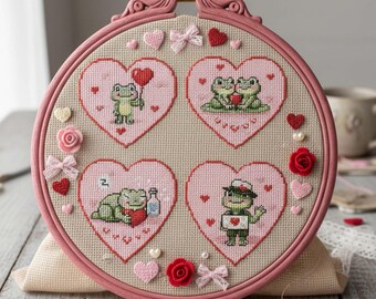 バレンタインのカエルのクロスステッチパターン：ハートのフレームにロマンティックなカエルの刺繍（PDF）