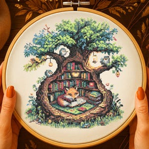 May include: Cross-stitch embroidery in a wooden hoop. The design features a tree with a hollowed-out trunk filled with bookshelves. A fox is reading inside the tree. The tree is surrounded by birds and greenery. The color palette includes greens, browns, and blues.