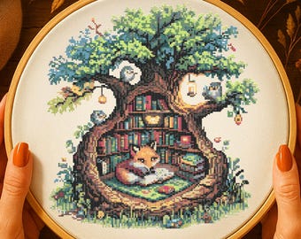 Forest Library Fox Cross Stitch Pattern Cozy Woodland Fox Embroidery Fantasy Tree Trunk Reading Nook Animal Cross Stitch PDF Nature Lovers