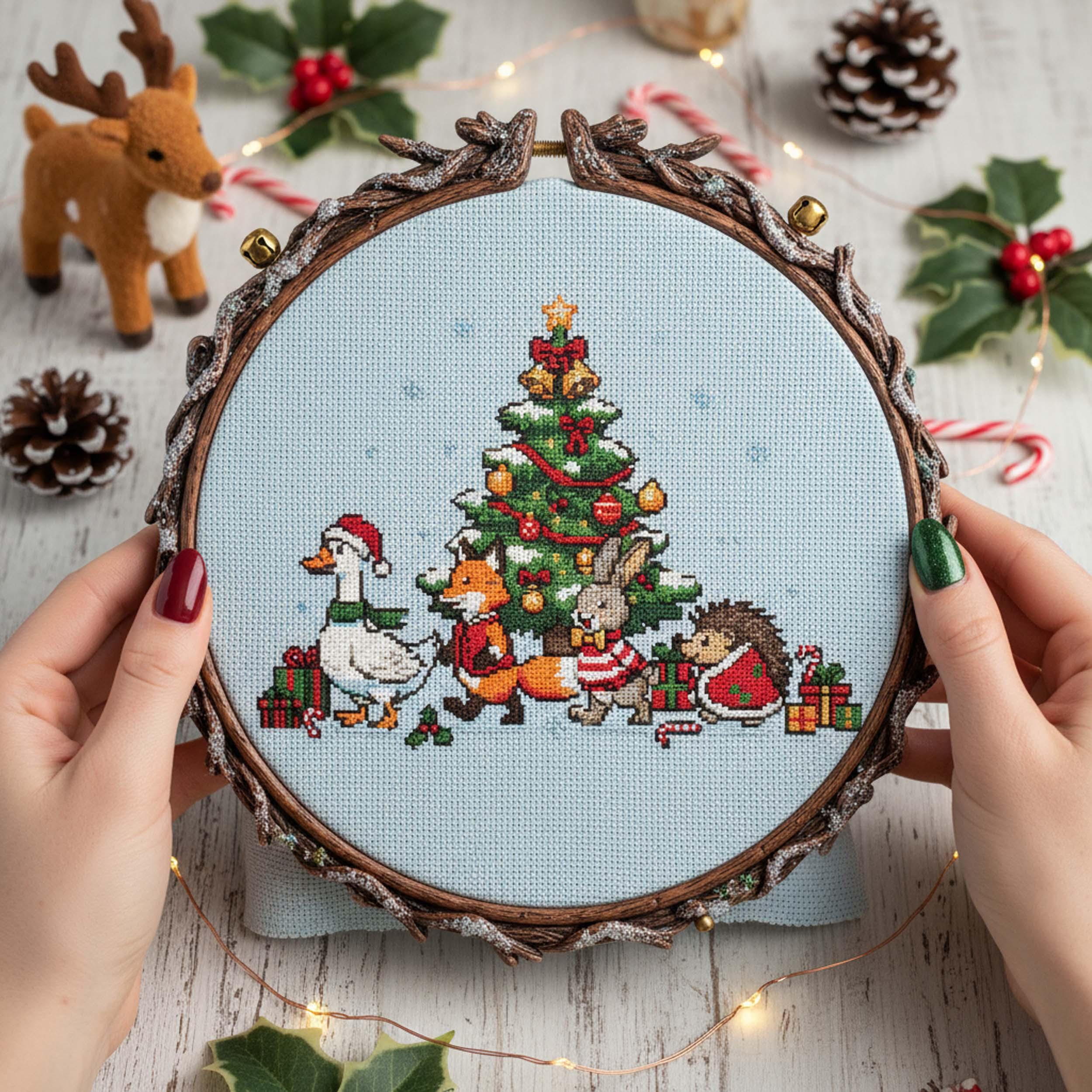 森のクリスマス動物クロスステッチパターン：クリスマスツリー刺繍