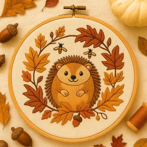 Autumn Cute Hedgehog With Flowers Hand Embroidery Pattern Woodland Hedgehog Embroidery PDF Cute Fall Forest Animal Lover Embroidery Template