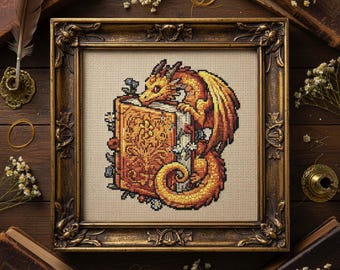 Golden Dragon Book Cross Stitch Pattern Fantasy Embroidery Dragon with Ancient Book PDF Pattern