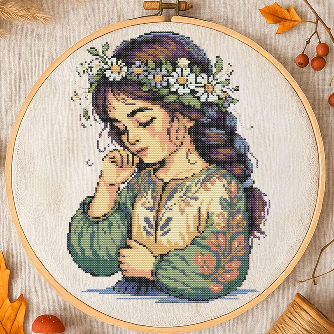 花柄のクロスステッチパターン 花の刺繍が施された思慮深い少女 野の花