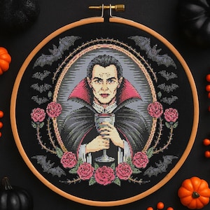 Dracula Vampire Portrait Cross Stitch Pattern Dark Fantasy Dracula Portrait with Roses Embroidery Halloween Horror Spooky Cross Stitch PDF