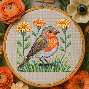 Spring Floral Robin Cross Stitch Pattern Marigold Songbird Embroidery Cottagecore Garden Flowers Bird Botanical Cross Stitch Nature Lovers