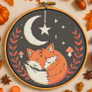 Sleeping Cut Fox Under Moon Cross Stitch Pattern Cute Fox With Flowers embroidery PDF Woodland Fox Cross Stitch Pattern For Beginner lovers