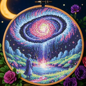 Dreamy Galaxy Cross Stitch Pattern Celestial Galaxy Portal Embroidery Fantasy Mystical Under Spiral Galaxy Cosmic Waterfall Cross Stitch PDF