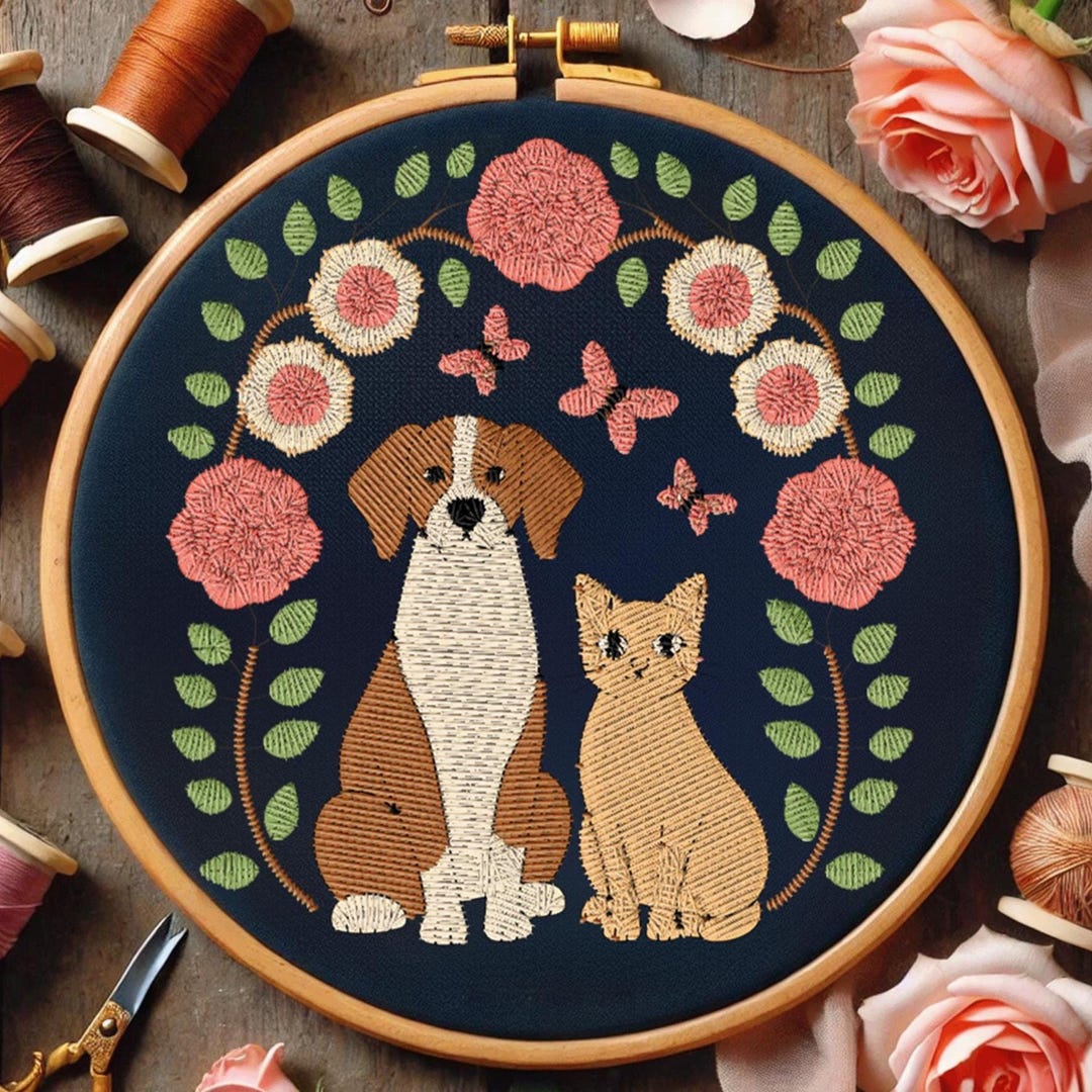 Floral Cat and Dog Hand Embroidery Pattern Animal Stitching Dog With ...