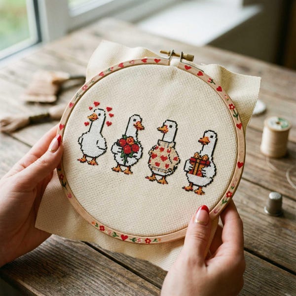 Valentine Goose Cross Stitch Pattern: Love Geese with Hearts, Flowers & Gifts Embroidery PDF