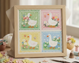 Spring Goose Cross Stitch Pattern: Pastel Garden Goose Set Embroidery PDF