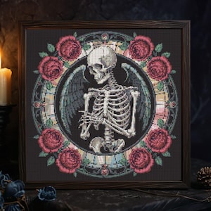 Gothic Skeleton Rose Cross Stitch Pattern Cozy Spooky Skeleton Embroidery Victorian Skull Romantic Horror Gothic Skeleton Cross Stitch PDF