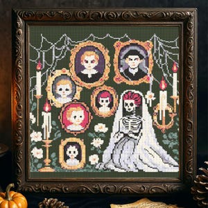 Victorian Skeleton Bride Cross Stitch Pattern Gothic Haunted Family Portrait Embroidery Candles Cobwebs Spooky Halloween Cross Stitch PDF