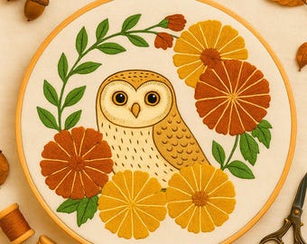 Woodland Owl and Fall Flower Hand Embroidery Pattern Magical Owl Floral Embroidery Autumn Bird Garden Template For Beginner Bird Lovers