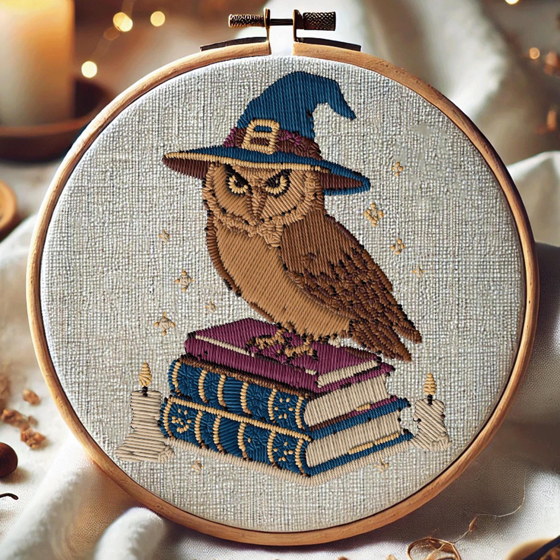 Wizard Owl on Spell Books Hand Embroidery Pattern Magical Owl Embroidery Fantasy Witchy Halloween St