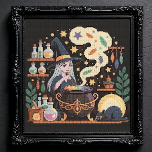 Halloween Witch Cross Stitch Pattern  Gothic Dark Witch Cauldron Embroidery Spooky Witch Ghost With Cats Halloween Lovers Cross Stitch PDF