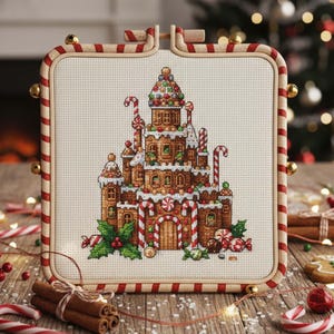 May include: Cross-stitch embroidery of a gingerbread castle with candy cane accents, set in a wooden embroidery hoop. The castle features brown walls, white frosting, and colorful candies. The hoop has a red and white striped border.