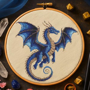 Celestial Flying Dragon Cross Stitch Pattern Blue dragon embroidery PDF Epic Fantasy dragon Cross Stitch Pattern For Beginner Fantasy lovers
