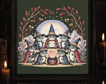 Witch Frog Cross Stitch Pattern Gothic Dark Witch Frog Embroidery Spooky Witch Frog Magical Forest Fantasy Halloween Lovers Cross Stitch PDF