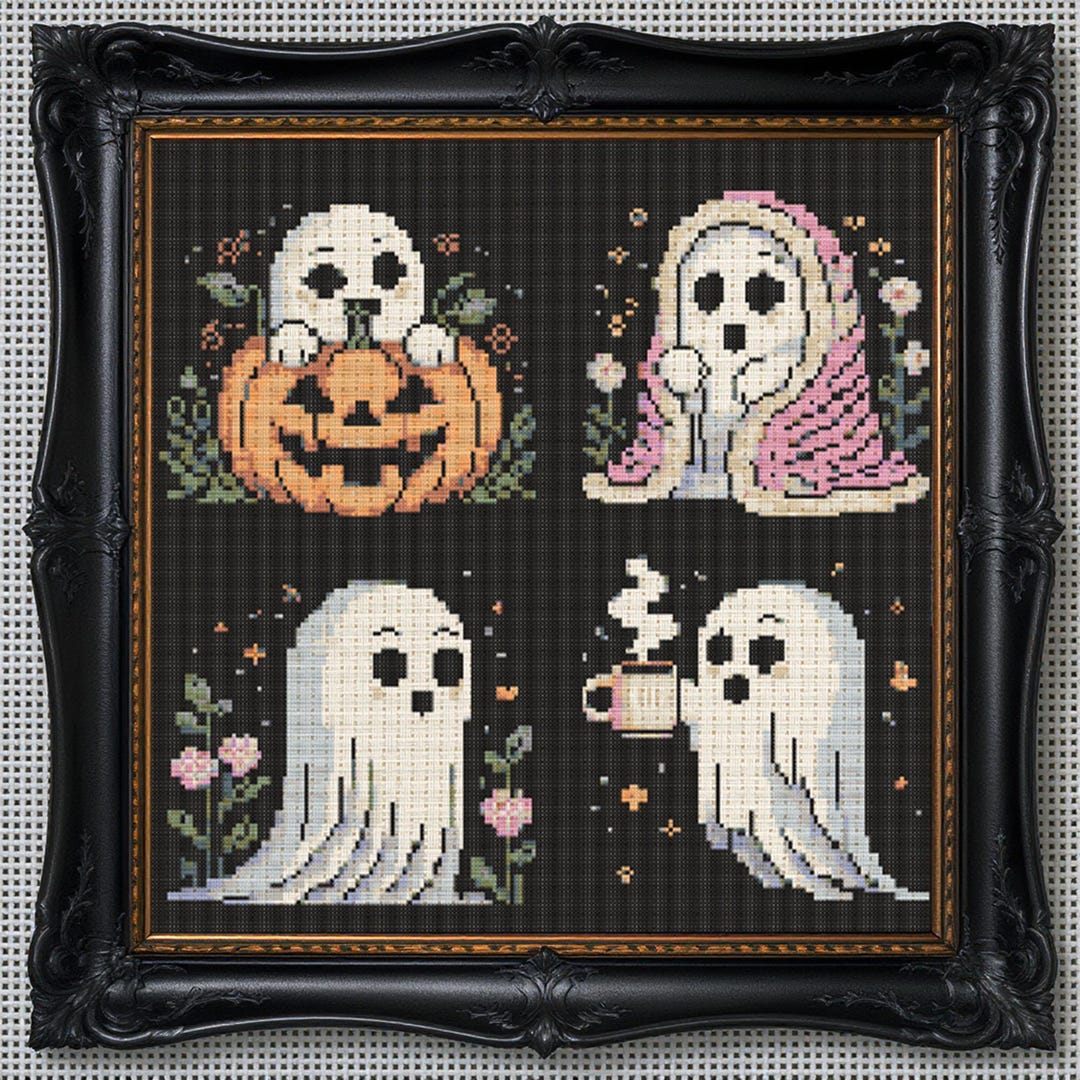 Cozy Ghost Quartet Cross Stitch Pattern Halloween Happy Pink Kawaii ...
