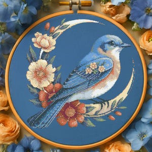 Crescent Garden Bluebird Cross Stitch Pattern Moon Bluebird Wildflowers Embroidery Soft Floral Bird Cottagecore Garden Animal Cross Stitch