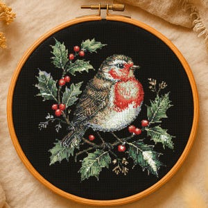 Christmas Robin Bird Floral Cross Stitch Pattern Winter Robin Bird With Flowers embroidery PDF Woodland Bird Lovers Cross Stitch Pattern PDF