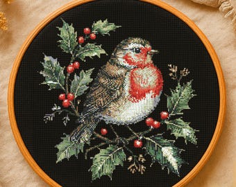 Christmas Robin Bird Floral Cross Stitch Pattern Winter Robin Bird With Flowers embroidery PDF Woodland Bird Lovers Cross Stitch Pattern PDF