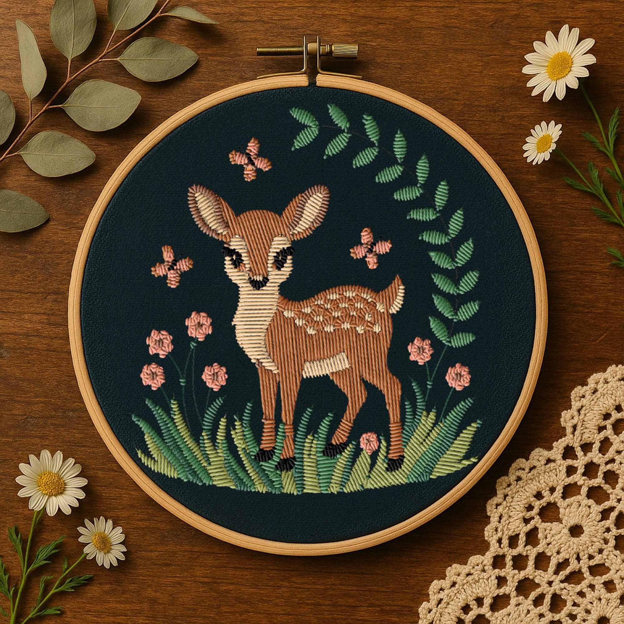 森の花柄の子鹿の手刺繍パターン。花とかわいい鹿の刺繍。森の動物の