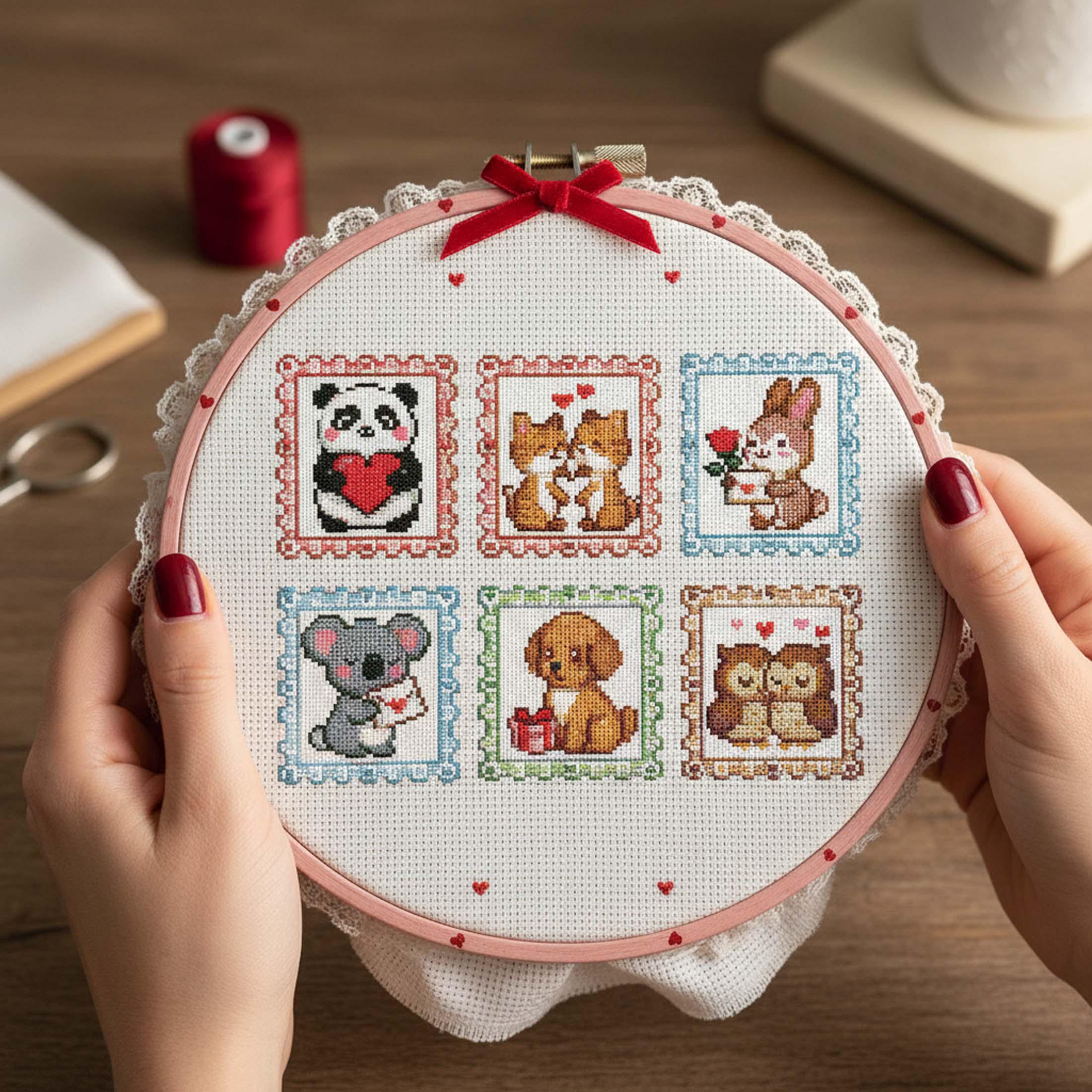 Valentine Love Animal Stamp Cross Stitch Pattern: Panda Fox Bunny