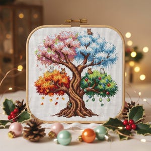 Four Seasons Tree Cross Stitch Pattern: Fantasy Rabbits Embroidery ...