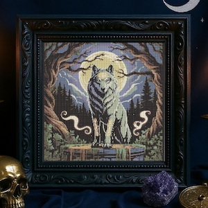 Full Moon Wolf Cross Stitch Pattern Fantasy Forest Wolf Embroidery Gothic Mystical Wilderness Spirit Animal Cross Stitch PDF Nature Lovers