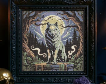 Patrón de punto de cruz de lobo de luna llena, fantasía, bosque, lobo, bordado, gótico, místico, salvaje, espíritu animal, punto de cruz, PDF, amantes de la naturaleza
