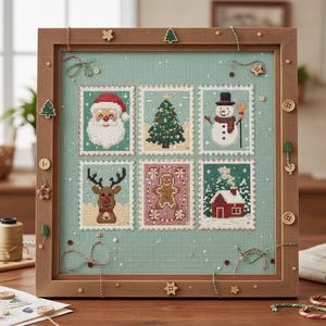 Puede incluir: Un muestrario bordado a punto de cruz enmarcado con seis diseños de sellos postales navideños. Los sellos representan a Papá Noel, un árbol de Navidad, un muñeco de nieve, un reno, un hombre de jengibre y una casa nevada. El marco es de madera y el fondo es de tela verde claro.