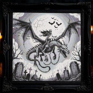 Skeleton Warrior Dragon Cross Stitch Pattern Cozy Fantasy Dragon Embroidery Gothic Graveyard Dragon Dark Fantasy Halloween Cross Stitch PDF