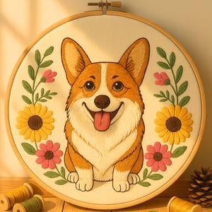 Cute Corgi With Flowers Hand Embroidery Pattern Happy Dog Sunflowers Embroidery Floral Corgi Hoop Art Design Template Beginner for Pet Lover